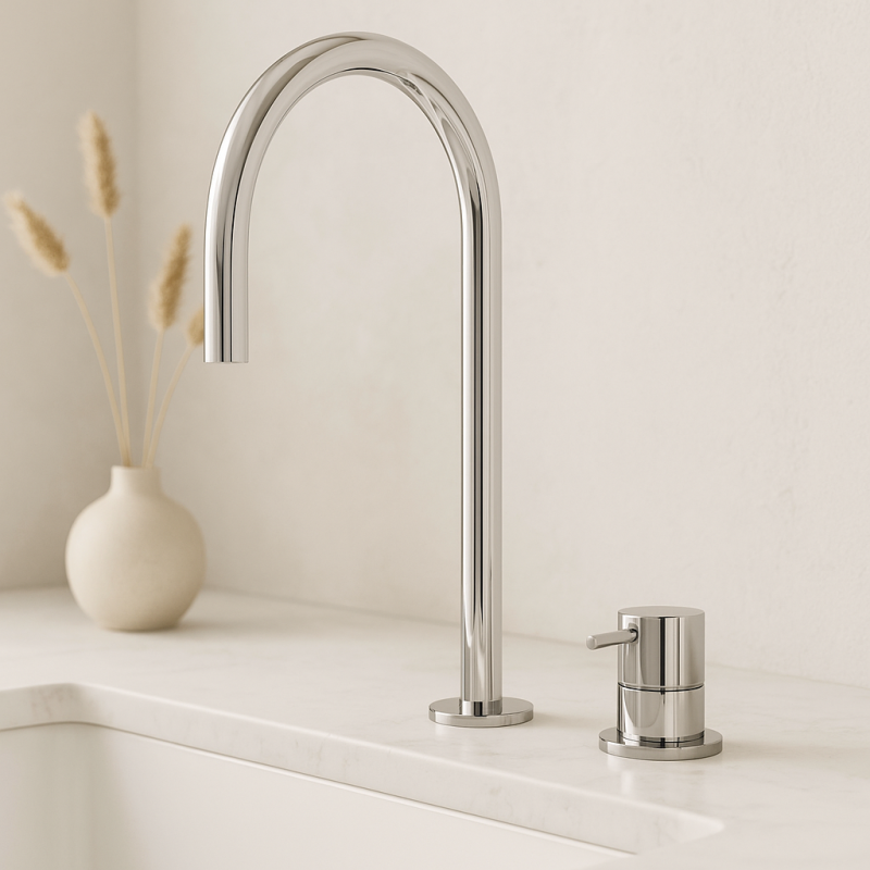 Waterevolution Flow 2-дупков мивка за баня хром с нисък U 200mm изход T1122U01